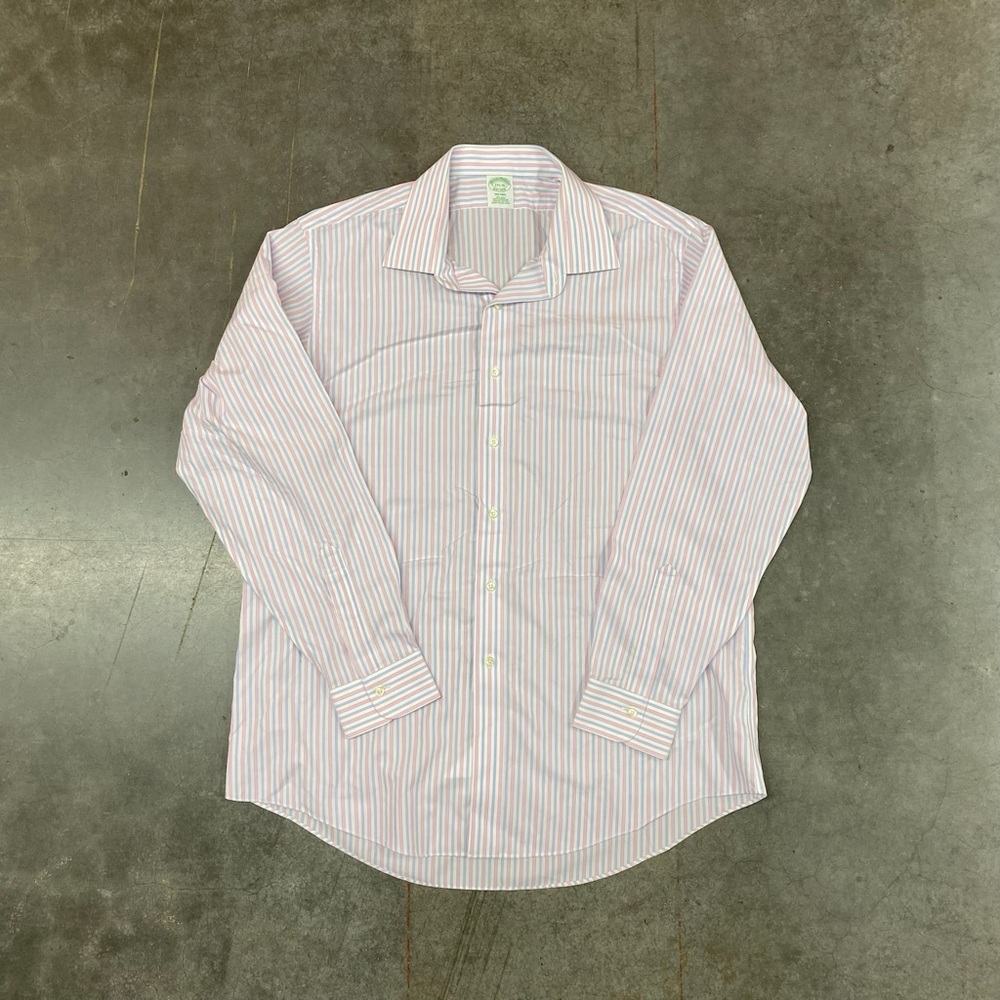 Brooks Brothers Milano Dress Shirt Pink Blue Stripe Mens 17.5 35 Non Iron - Picture 2 of 7